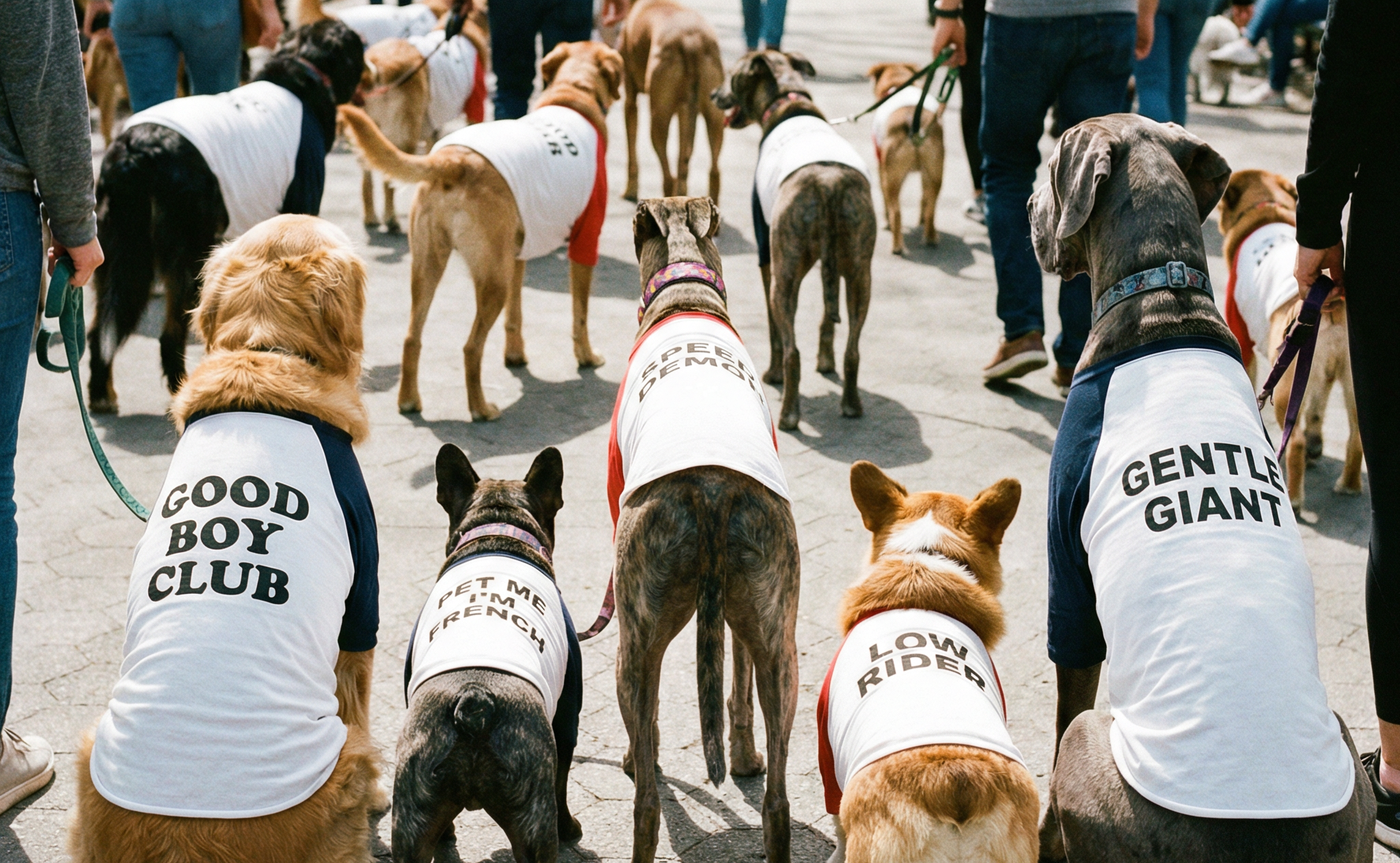 Group of dogs wearing shirts with humorous text in a park setting