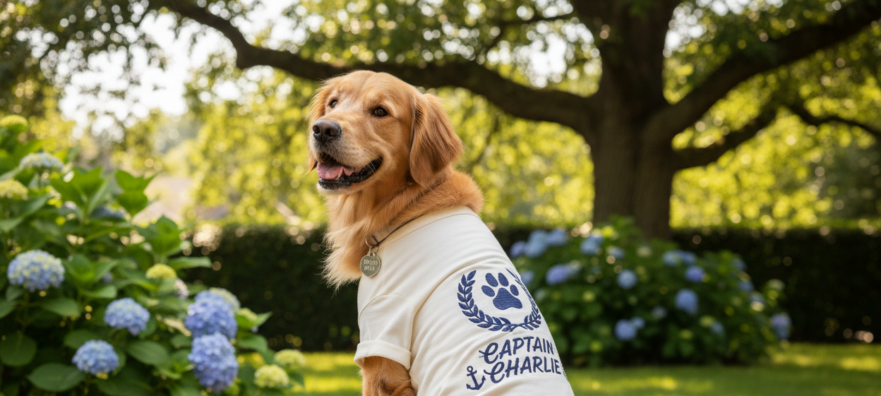 Dog wearing a 'Captain Charlie' shirt sitting on a wooden deck with flowers and trees in the background